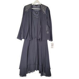 SLNY Womens 2 Piece Beaded Midi Dress Jacket Set Steel Gray 116184 Size 10 NEW